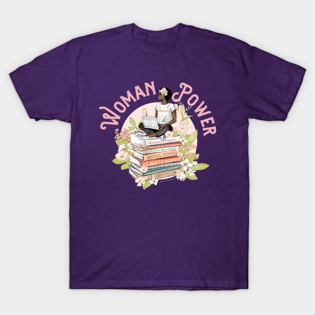 Woman Power - Floral Black Woman on Books T-Shirt by Jitterfly